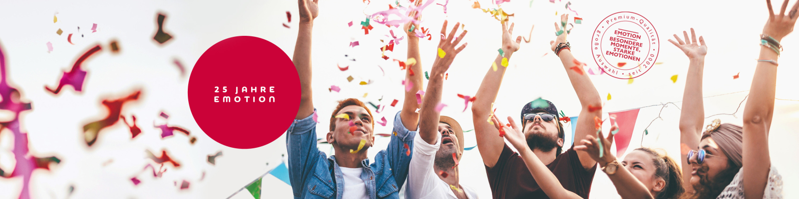 25 Jahre EMOTION - Gruppe feiernder Menschen mit Konfetti und Hinweis-Grafik zum Jubiläum